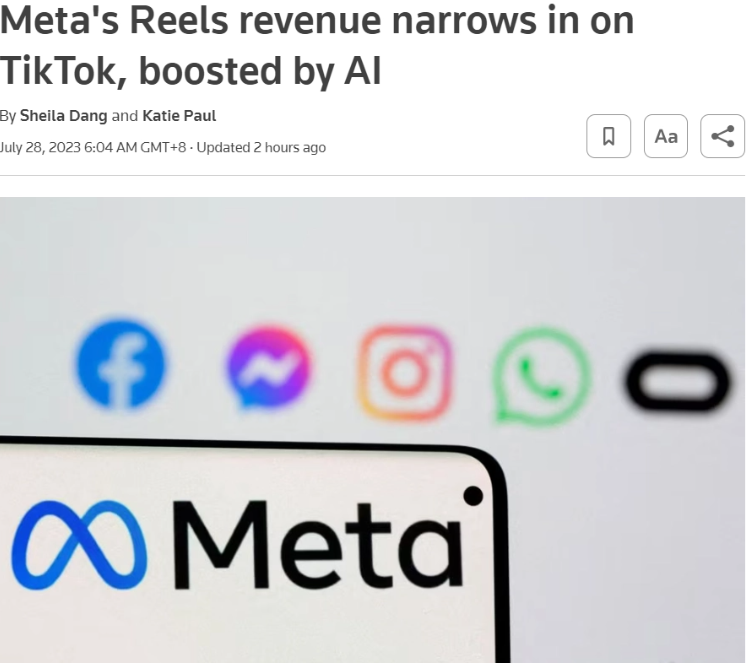 Meta 旗下短视频应用 Reels 业务规模与 TikTok 去年相当，年运行率 100 亿美元